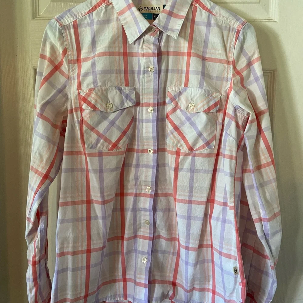 Magellan Outdoors Plaid Button-Down Shirt in Coral and Lavender - Picture 1 of 3